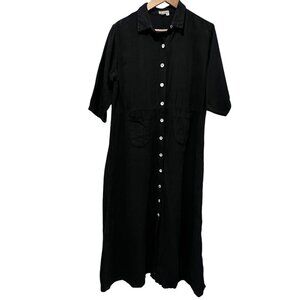 Tin Lizzie Linen Elbow Sleeves Midi Maxi Dress, Black, M